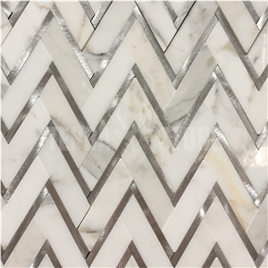 Calacatta Gold Marble Herringbone Mosaic Gold Metal Tile