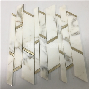Calacatta Gold Marble Random Strips Gold Metal Mosaic Tile