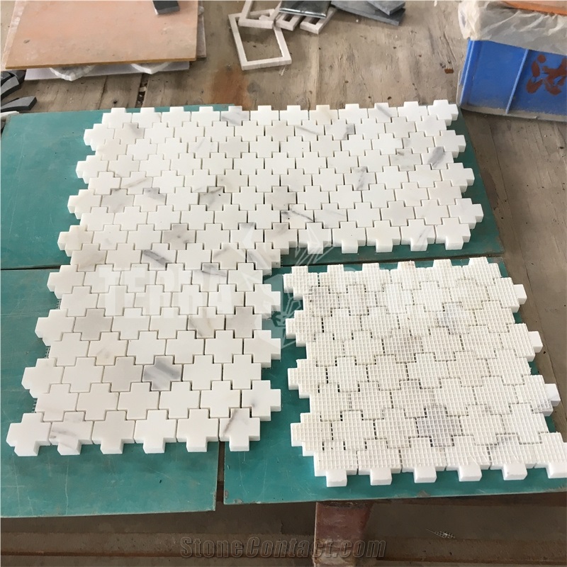 Cross Pattern Calacatta Gold Marble Mosaic Wall Floor Tiles