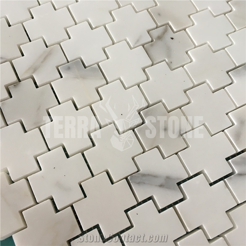 Cross Pattern Calacatta Gold Marble Mosaic Wall Floor Tiles
