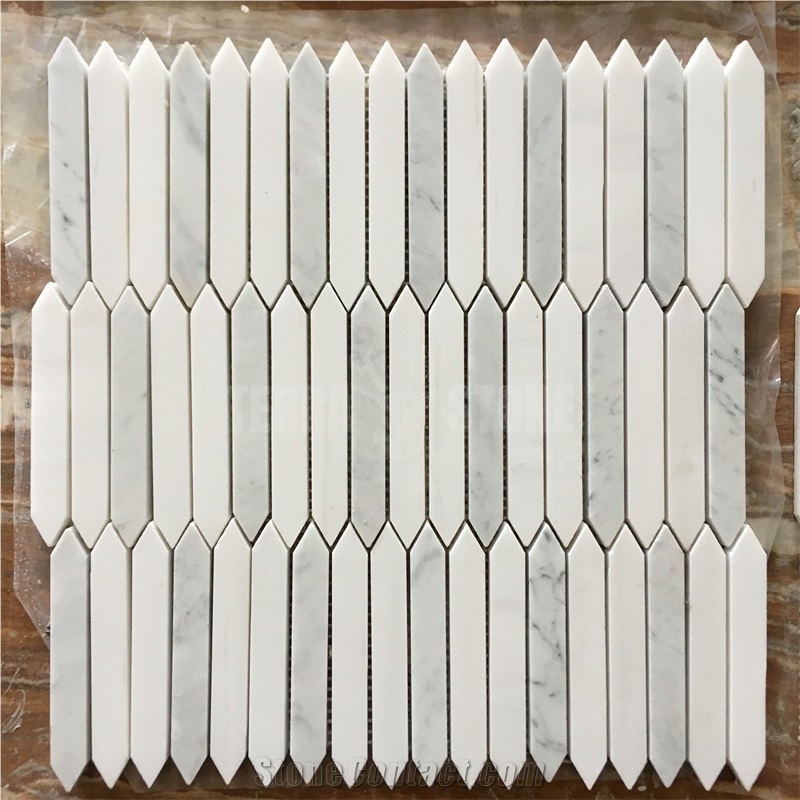 Elongated Hexagon Mosaic Carrara Thassos White Marble Tile