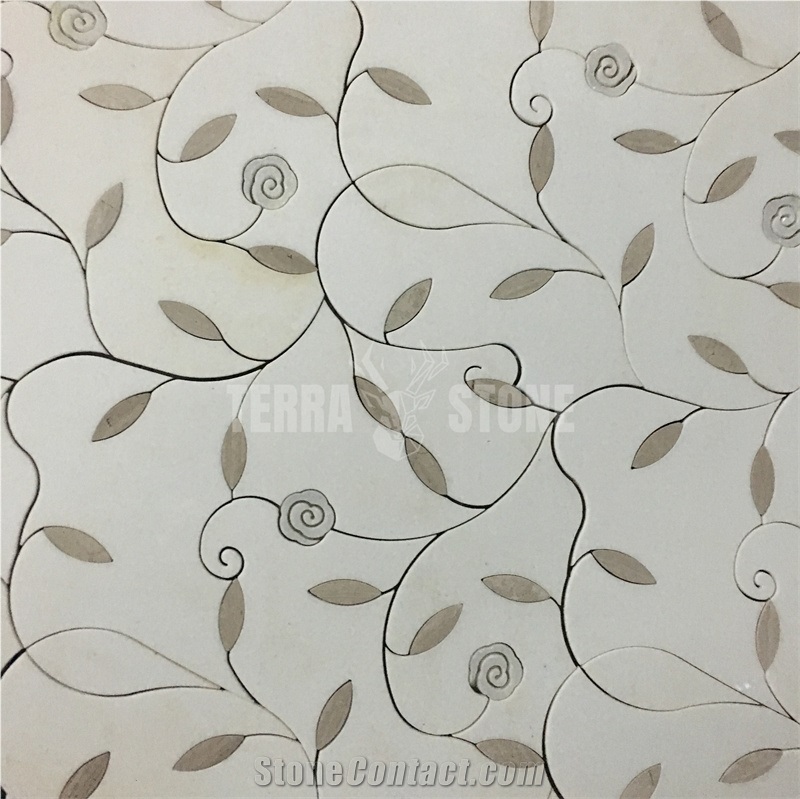 Flower Pattern Mosaic Tile Oriental White Marble Waterjet