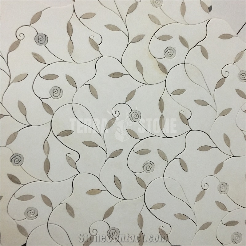 Flower Pattern Mosaic Tile Oriental White Marble Waterjet