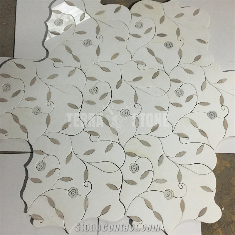 Flower Pattern Mosaic Tile Oriental White Marble Waterjet