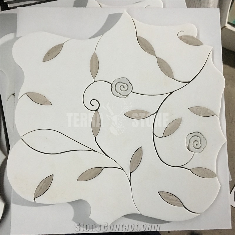 Flower Pattern Mosaic Tile Oriental White Marble Waterjet