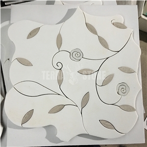 Flower Pattern Mosaic Tile Oriental White Marble Waterjet