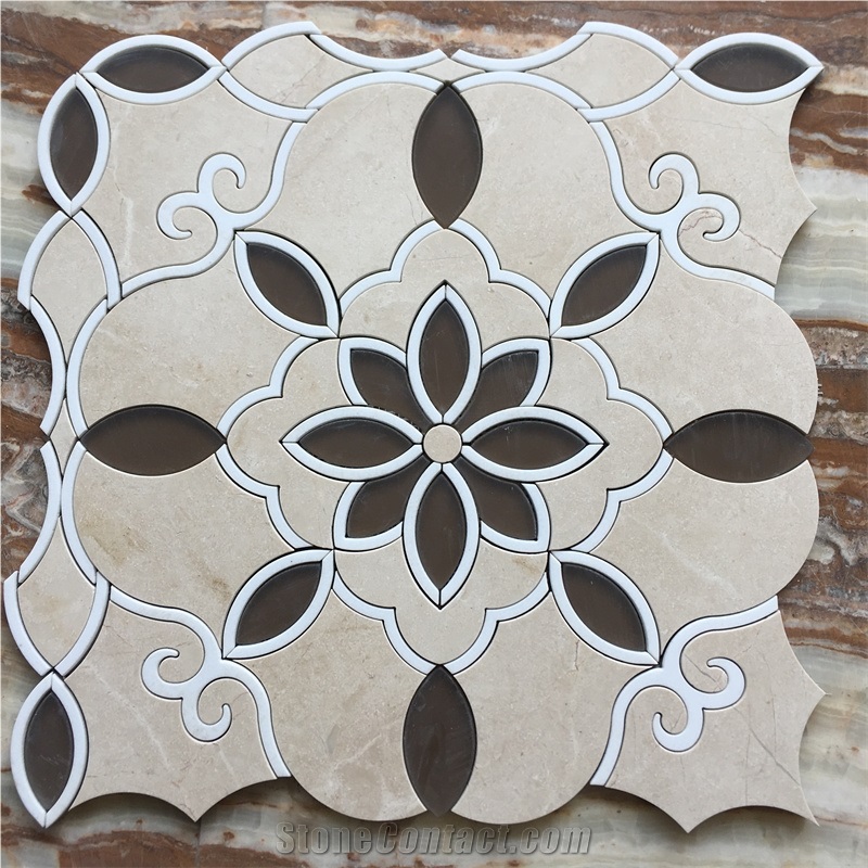 Flower Pattern Waterjet Beige Marble Brown Glass Mosaic
