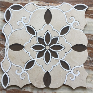 Flower Pattern Waterjet Beige Marble Brown Glass Mosaic