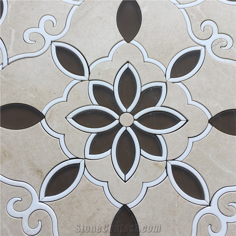Flower Pattern Waterjet Beige Marble Brown Glass Mosaic