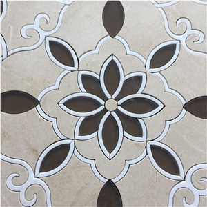 Flower Pattern Waterjet Beige Marble Brown Glass Mosaic