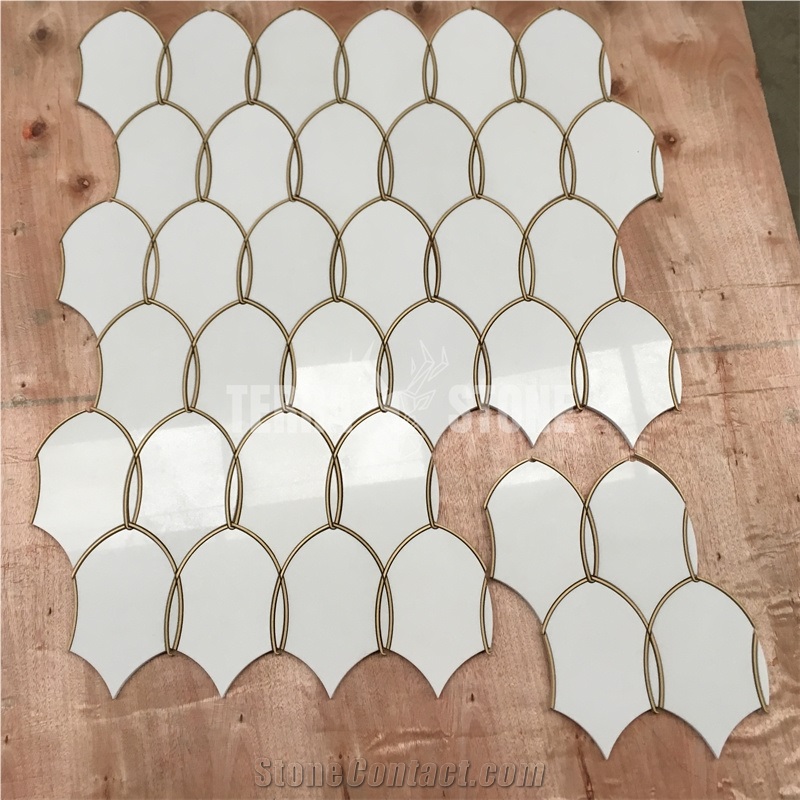 Gentle Net Backsplash Waterjet Mosaic Tile Thassos And Brass