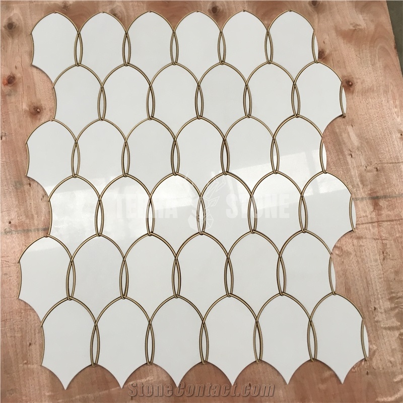 Gentle Net Backsplash Waterjet Mosaic Tile Thassos And Brass