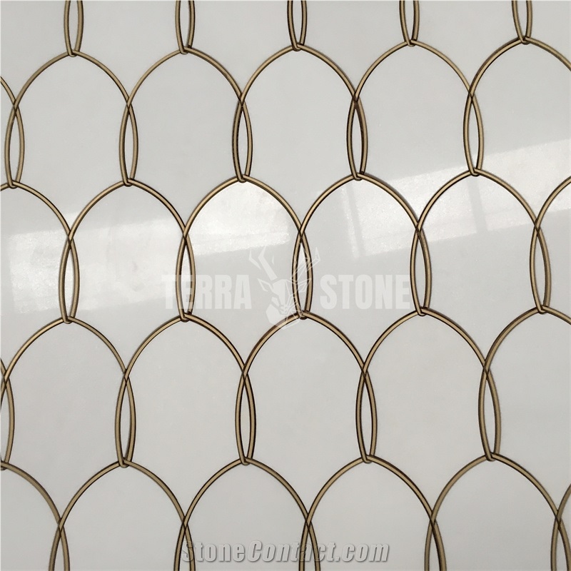 Gentle Net Backsplash Waterjet Mosaic Tile Thassos And Brass