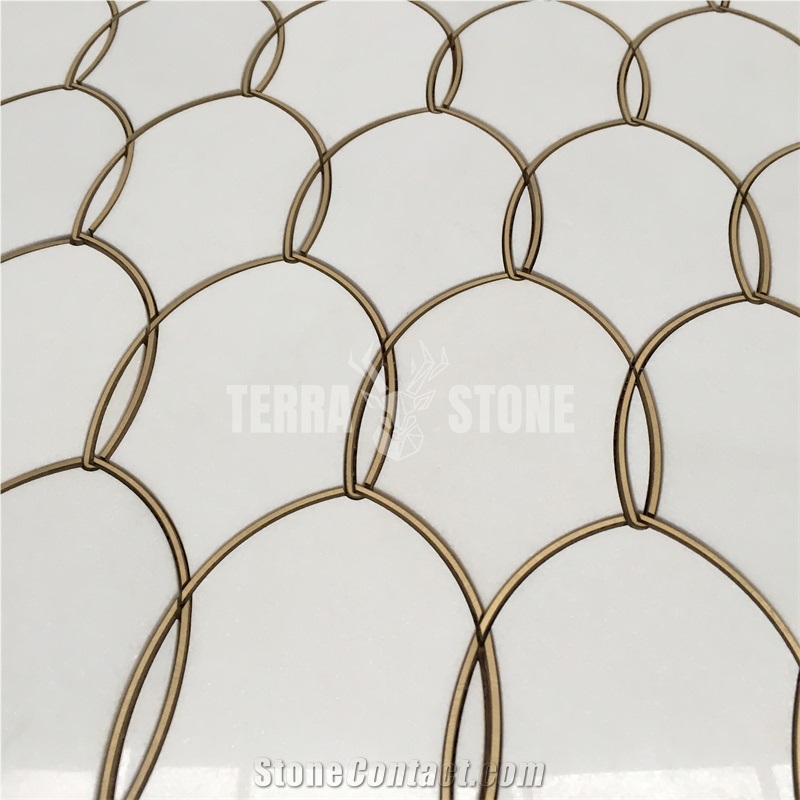 Gentle Net Backsplash Waterjet Mosaic Tile Thassos And Brass
