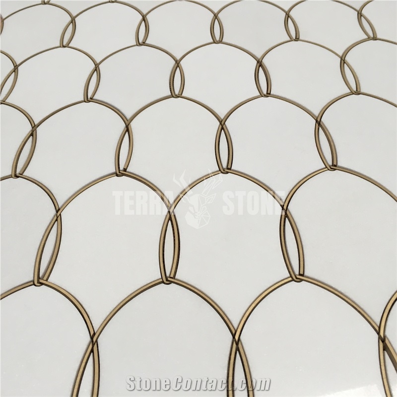 Gentle Net Backsplash Waterjet Mosaic Tile Thassos And Brass