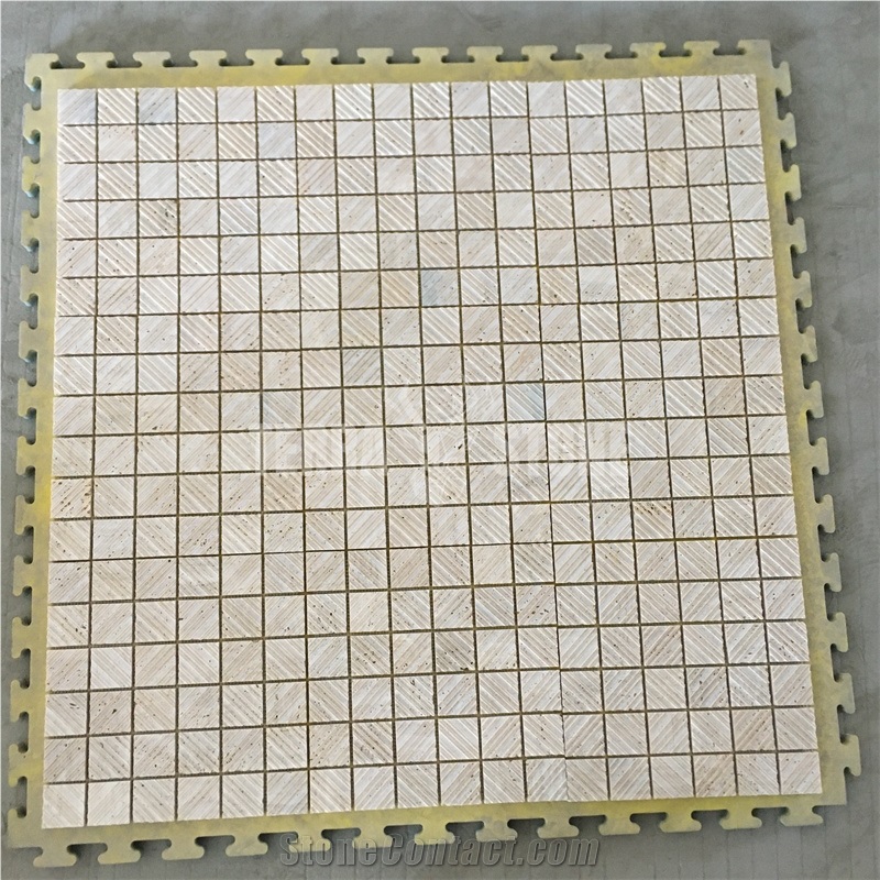 Grooved Honed Beige Travertine Backsplash Tile Square Mosaic