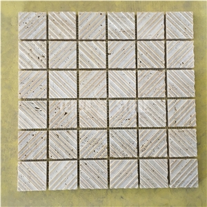 Grooved Honed Beige Travertine Backsplash Tile Square Mosaic