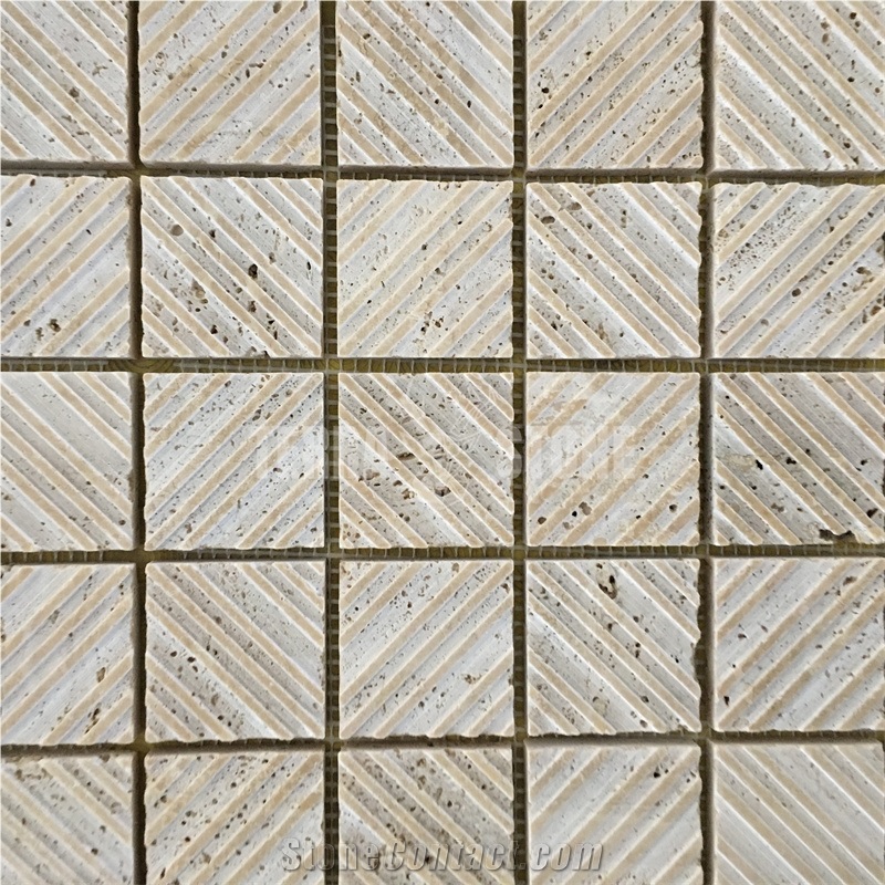 Grooved Honed Beige Travertine Backsplash Tile Square Mosaic
