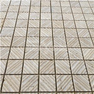 Grooved Honed Beige Travertine Backsplash Tile Square Mosaic