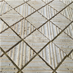 Grooved Honed Beige Travertine Backsplash Tile Square Mosaic