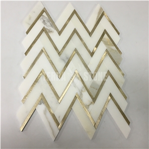 Herringbone Calacatta Gold Marble And Aluminium Mosaic Tiles