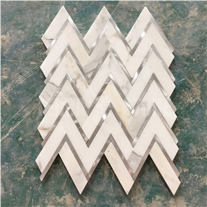 Herringbone Calacatta Gold Marble W/ Stainless Steel Mosaic