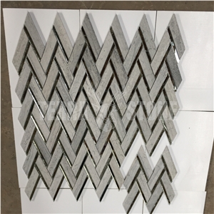 Herringbone Pattern Gray Wood Marble With Glass Mosaic Tile