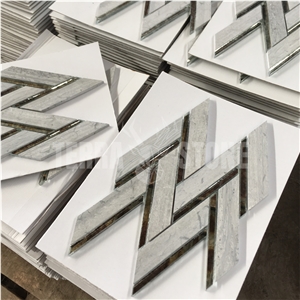 Herringbone Pattern Gray Wood Marble With Glass Mosaic Tile