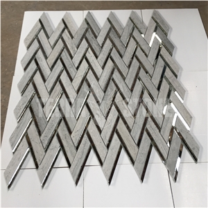 Herringbone Pattern Gray Wood Marble With Glass Mosaic Tile