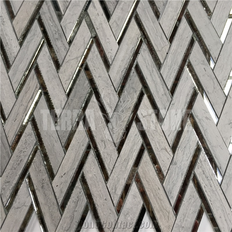 Herringbone Pattern Gray Wood Marble With Glass Mosaic Tile