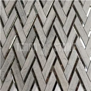 Herringbone Pattern Gray Wood Marble With Glass Mosaic Tile