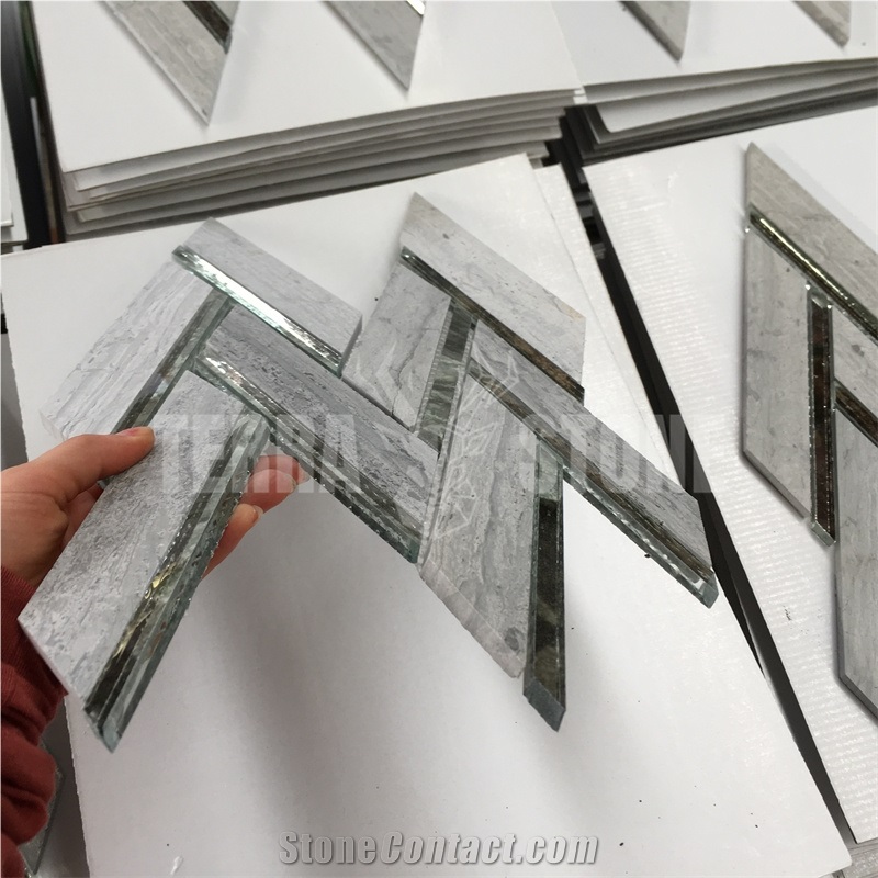 Herringbone Pattern Gray Wood Marble With Glass Mosaic Tile