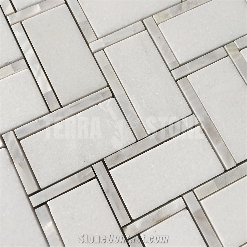 Herringbone Thassos White Marble Mosaic Pearl Shell Tile