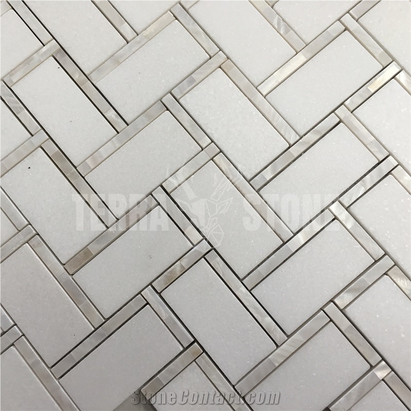 Herringbone Thassos White Marble Mosaic Pearl Shell Tile