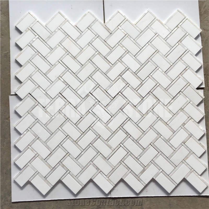 Herringbone Thassos White Marble Mosaic Pearl Shell Tile