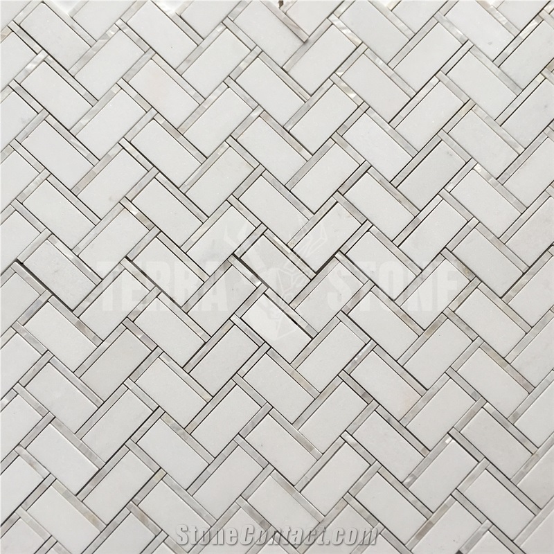 Herringbone Thassos White Marble Mosaic Pearl Shell Tile