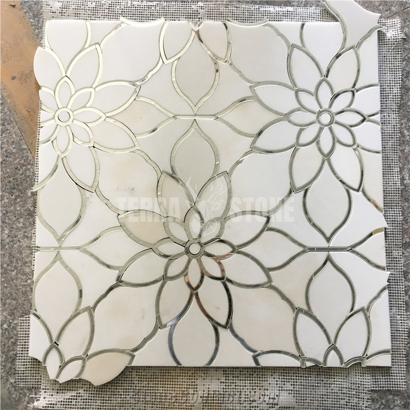 Marble Mirror Glass Mosaic Waterjet Floral Pattern Tile