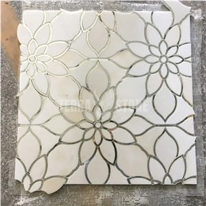Marble Mirror Glass Mosaic Waterjet Floral Pattern Tile