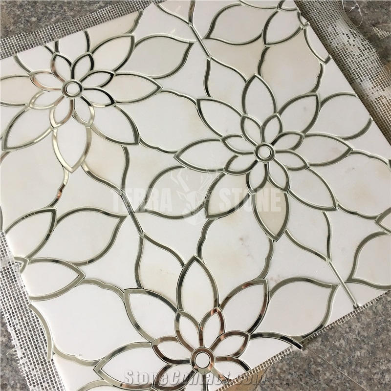 Marble Mirror Glass Mosaic Waterjet Floral Pattern Tile