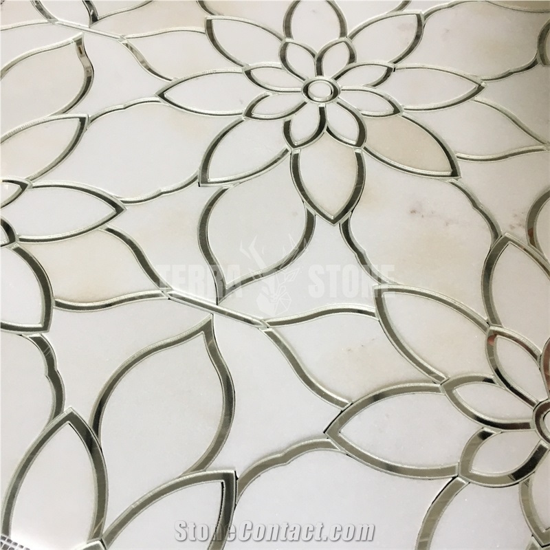 Marble Mirror Glass Mosaic Waterjet Floral Pattern Tile