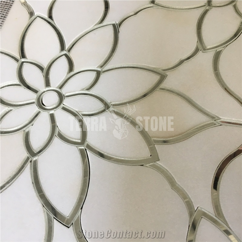 Marble Mirror Glass Mosaic Waterjet Floral Pattern Tile