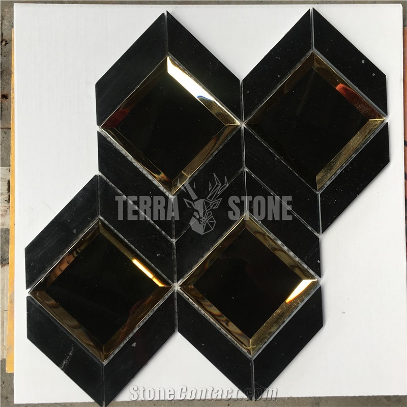 Nero Marquina Black Marble Rhombus Mosaic With Mirror Glass