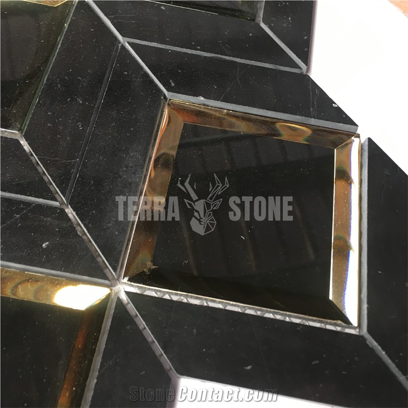 Nero Marquina Black Marble Rhombus Mosaic With Mirror Glass