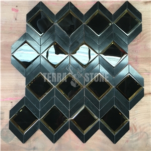 Nero Marquina Black Marble Rhombus Mosaic With Mirror Glass