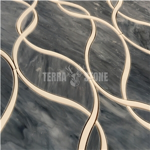 Ribbon Design Waterjet Marble Mosaic Blue Stained Glass Tile