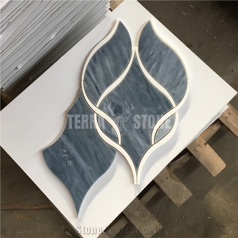 Ribbon Design Waterjet Marble Mosaic Blue Stained Glass Tile