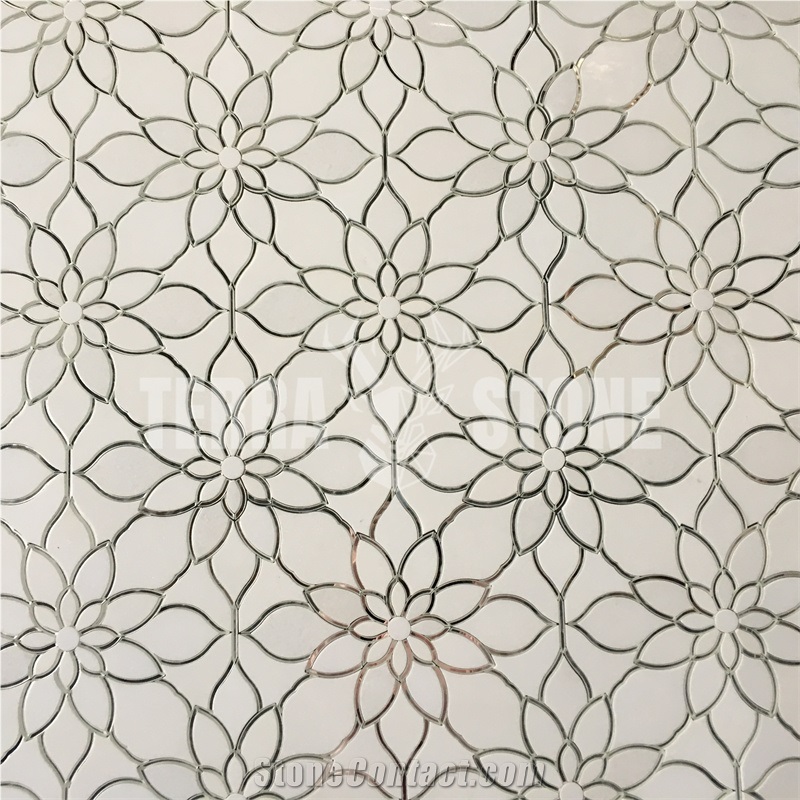 Terra Stone Pure White Marble Mix Glass Mosaic Tile Waterjet