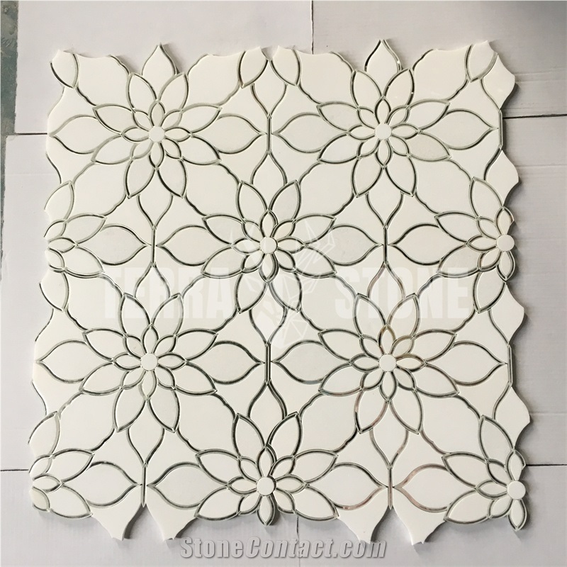 Terra Stone Pure White Marble Mix Glass Mosaic Tile Waterjet