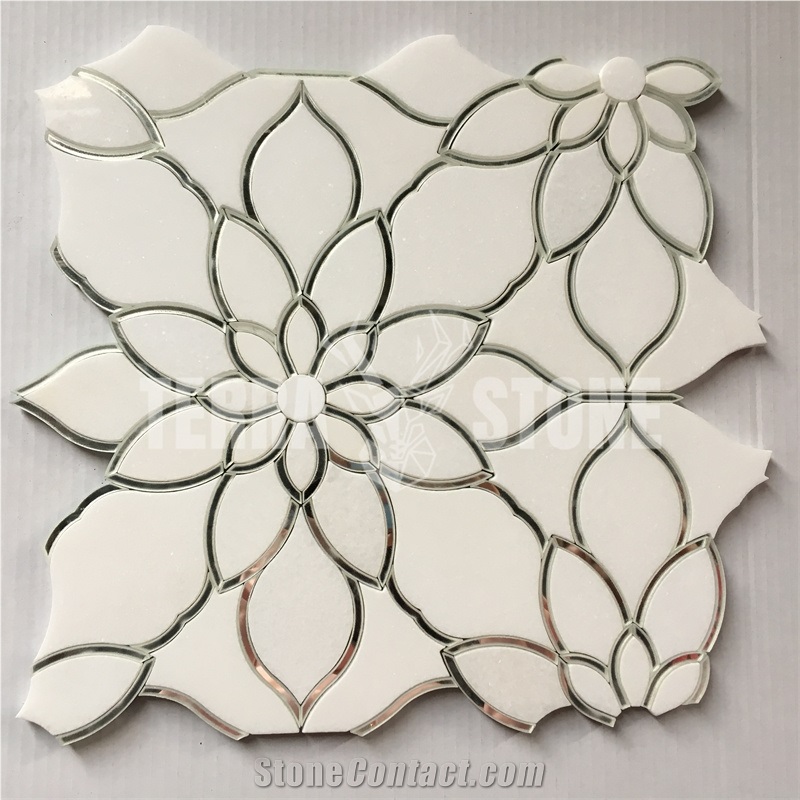 Terra Stone Pure White Marble Mix Glass Mosaic Tile Waterjet