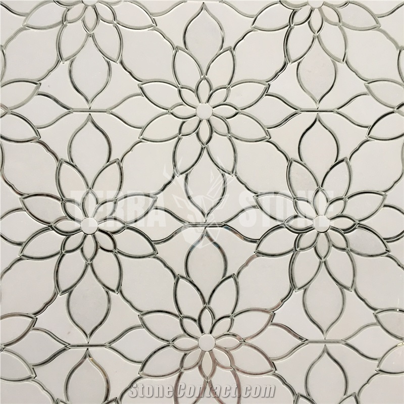 Terra Stone Pure White Marble Mix Glass Mosaic Tile Waterjet